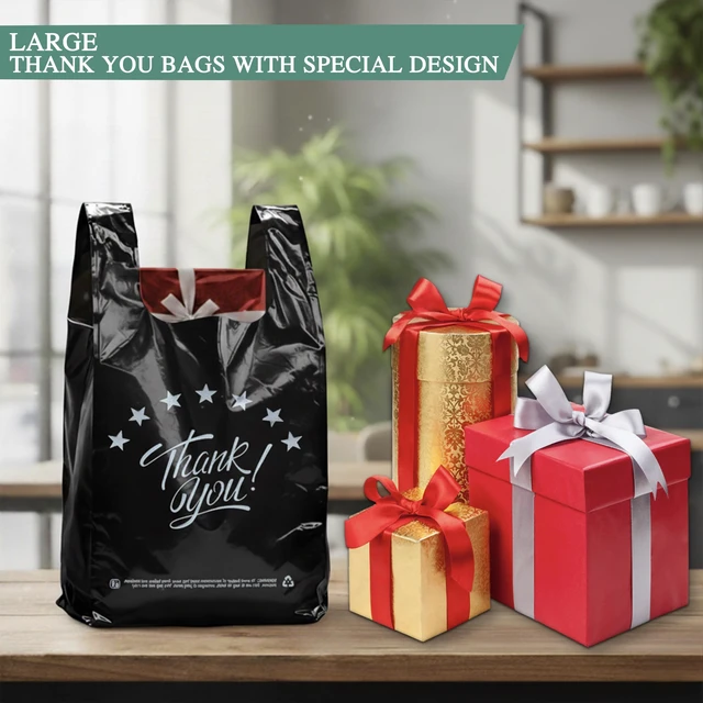 Alt view image 4 of 7 - Black Thank you T shirt bag, Grocery shopping bag Reusable and Disposable Supermarket Bag 11''x6''x21'' 200PCS