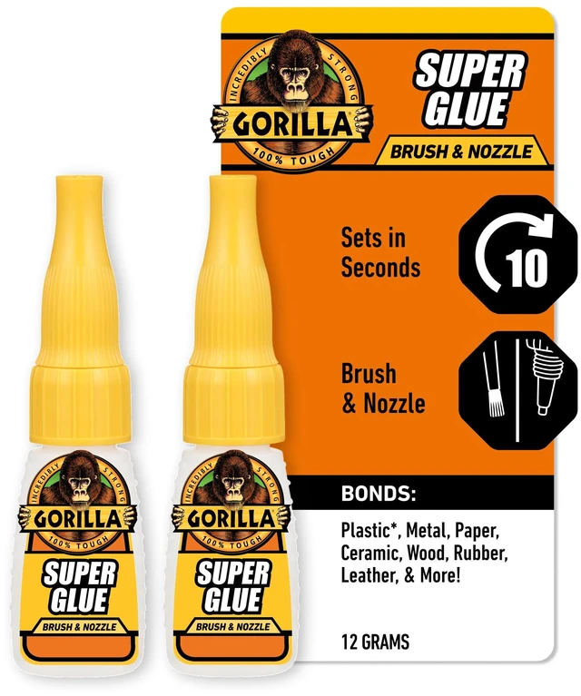Main image of Super Glue with Brush & Nozzle Applicator, Clear, 12 g, 2-Pack All Purpose, Fast Setting for Projects and Repairs, Anti-Clog Cap, Ideal for Wood, Metal, and Plastic