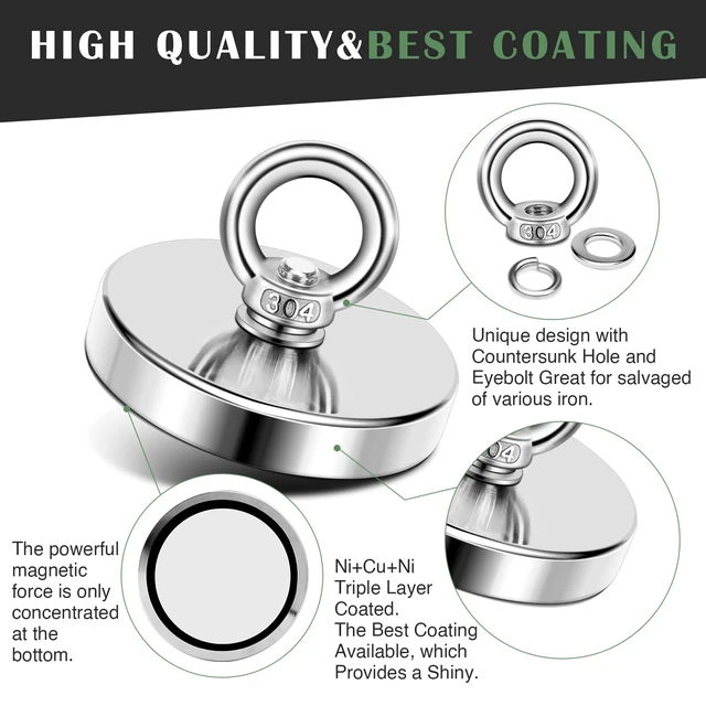 Alt view image 4 of 7 - Fishing Magnets with Countersunk Hole 3.94 inch 1200LBS Pulling Force
