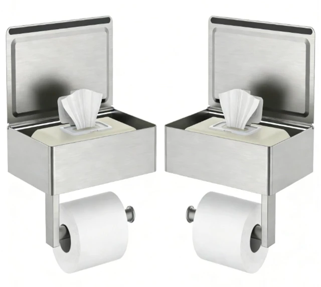 Main image of Toilet Paper Holder with Shelf, Wall-Mounted Modern Wipes Dispenser Brushed Nickel 2 Pack Toilet Paper Holder with Storage Fits Wipes, Sanitary Napkins, Tampons 8.0"x5.3" Large Shelf