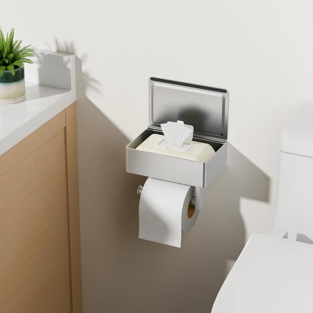Alt view image 2 of 7 - Toilet Paper Holder with Shelf, Wall-Mounted Modern Wipes Dispenser Brushed Nickel 2 Pack Toilet Paper Holder with Storage Fits Wipes, Sanitary Napkins, Tampons 8.0"x5.3" Large Shelf