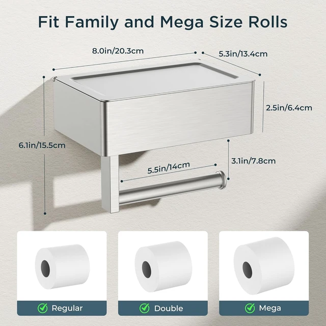 Alt view image 3 of 7 - Toilet Paper Holder with Shelf, Wall-Mounted Modern Wipes Dispenser Brushed Nickel 2 Pack Toilet Paper Holder with Storage Fits Wipes, Sanitary Napkins, Tampons 8.0"x5.3" Large Shelf
