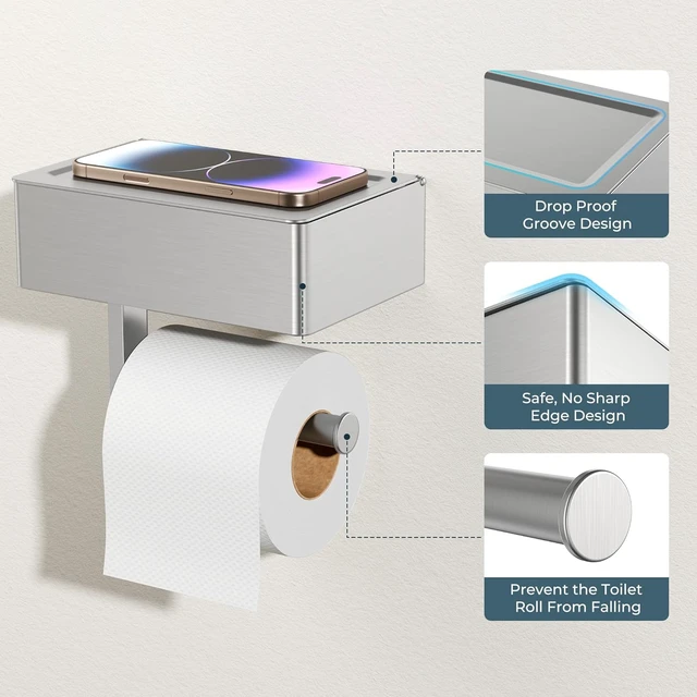 Alt view image 5 of 7 - Toilet Paper Holder with Shelf, Wall-Mounted Modern Wipes Dispenser Brushed Nickel 2 Pack Toilet Paper Holder with Storage Fits Wipes, Sanitary Napkins, Tampons 8.0"x5.3" Large Shelf