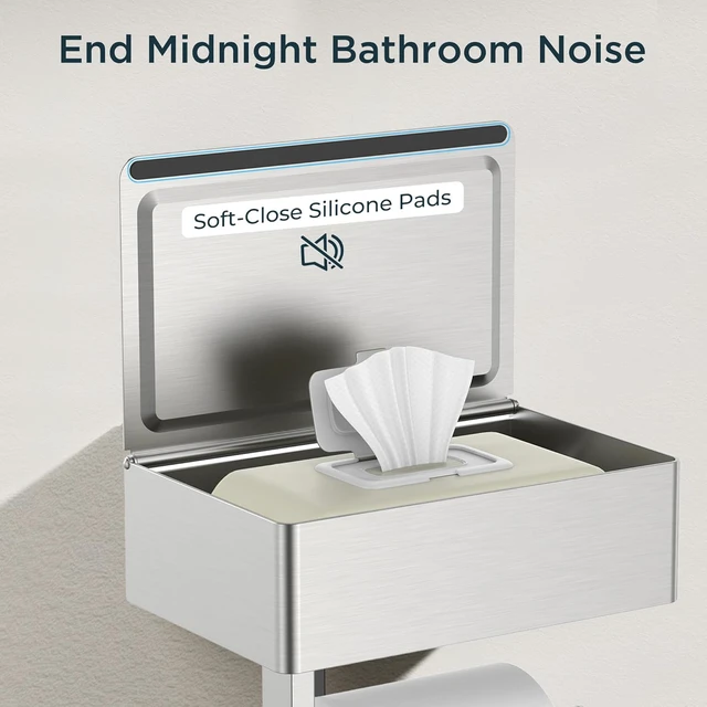 Alt view image 4 of 7 - Toilet Paper Holder with Shelf, Wall-Mounted Modern Wipes Dispenser Brushed Nickel 2 Pack Toilet Paper Holder with Storage Fits Wipes, Sanitary Napkins, Tampons 8.0"x5.3" Large Shelf