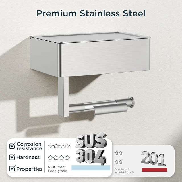 Alt view image 6 of 7 - Toilet Paper Holder with Shelf, Wall-Mounted Modern Wipes Dispenser Brushed Nickel 2 Pack Toilet Paper Holder with Storage Fits Wipes, Sanitary Napkins, Tampons 8.0"x5.3" Large Shelf