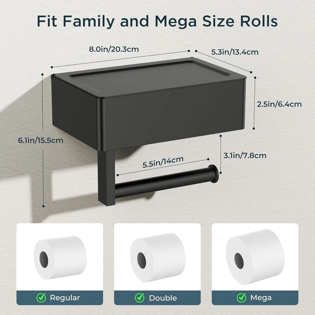 Alt view image 3 of 7 - Toilet Paper Holder with Shelf, Wall-Mounted Modern Wipes Dispenser Matte Black 2 Pack Toilet Paper Holder with Storage Fits Wipes, Sanitary Napkins, Tampons 8.0"x5.3" Large Shelf