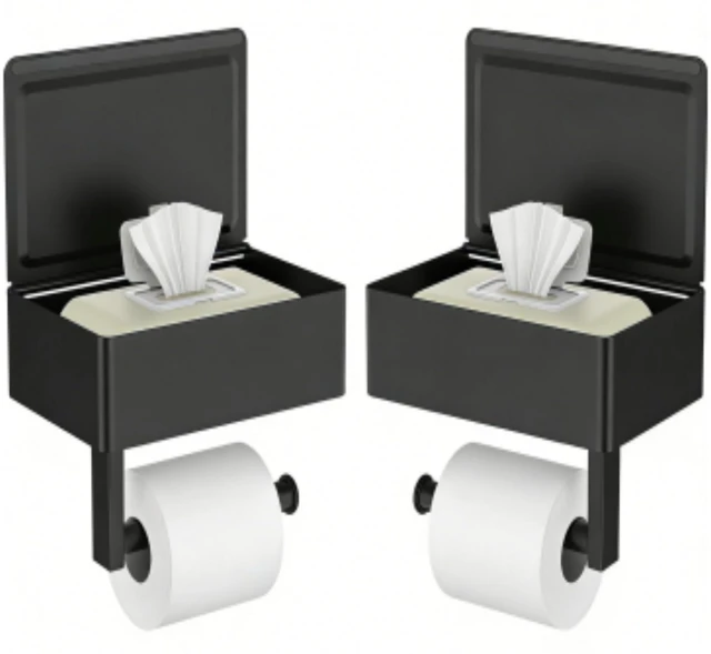 Main image of Toilet Paper Holder with Shelf, Wall-Mounted Modern Wipes Dispenser Matte Black 2 Pack Toilet Paper Holder with Storage Fits Wipes, Sanitary Napkins, Tampons 8.0"x5.3" Large Shelf