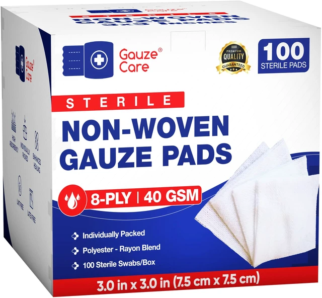 Main image of Thick Non-Woven Sterile 3x3 Pads Pack of 100| 8-ply Sponges| Individually Packed, Soft and Lint-Free Medical Pads for Enhanced Absorption and Wound Care