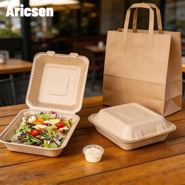 Alt view image 3 of 7 - Disposable 100 Pack 8×9 Inch Takeout Lunch Box Containers with Lids Compostable and Eco-Friendly Biodegradable Bagasse To Go Containers, PFAS-Free, Ideal for Meal Prep, Food, Party, Picnic