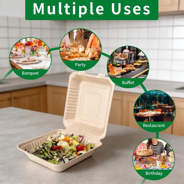 Alt view image 6 of 7 - Disposable 100 Pack 8×9 Inch Takeout Lunch Box Containers with Lids Compostable and Eco-Friendly Biodegradable Bagasse To Go Containers, PFAS-Free, Ideal for Meal Prep, Food, Party, Picnic
