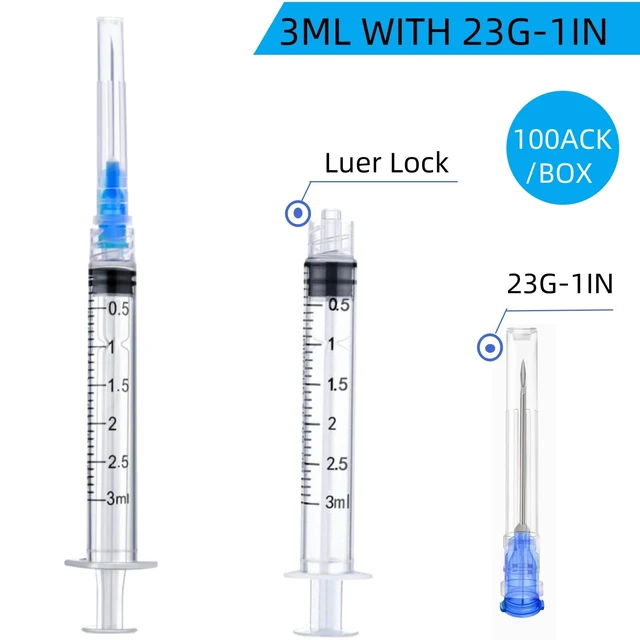 Alt view image 2 of 7 - 100 Pack Disposable 3ml/cc Lab Syringes with 23Ga 1 Inch Needle Luer Lock, Individually Sealed Packed
