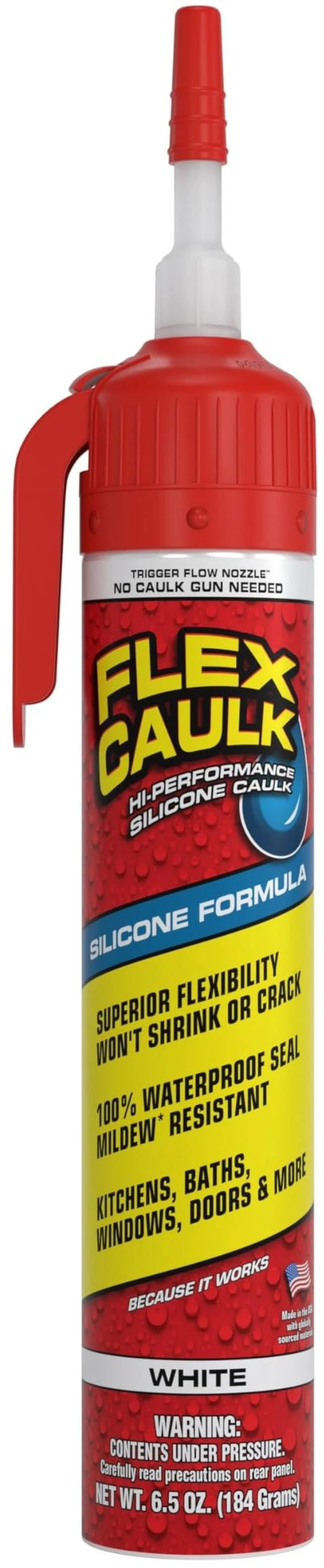 Main image of Caulk Silicone Waterproof Sealant, White, 6.5 oz, 1-Pack 100% silicone, no caulk gun needed, trigger flow nozzle, UV resistant, tile, glass, marble, porcelain, bath, kitchen, sink