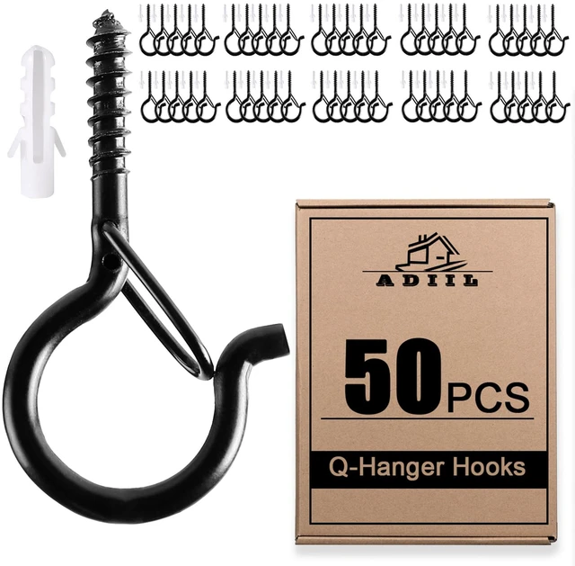 Main image of Q Hanger Ceiling Screw Hooks for Hanging Outdoor String Light, Plants 2.2 Inches Windproof Cup Eye Hooks with Safety Buckle for Hanging Basket Patio Christmas Lights, Black, 50 PCS