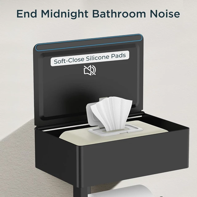 Alt view image 4 of 7 - Toilet Paper Holder with Shelf, Wall-Mounted Modern Wipes Dispenser Matte Black 2 Pack Toilet Paper Holder with Storage Fits Wipes, Sanitary Napkins, Tampons 8.0"x5.3" Large Shelf