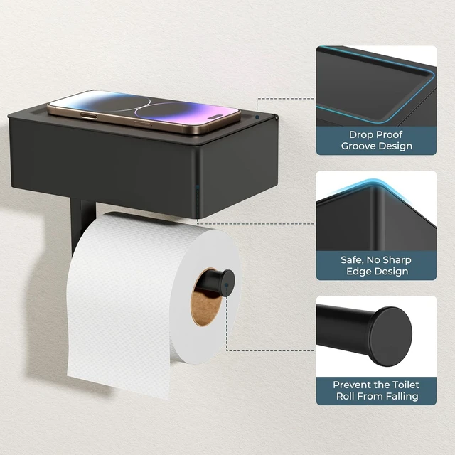 Alt view image 5 of 7 - Toilet Paper Holder with Shelf, Wall-Mounted Modern Wipes Dispenser Matte Black 2 Pack Toilet Paper Holder with Storage Fits Wipes, Sanitary Napkins, Tampons 8.0"x5.3" Large Shelf