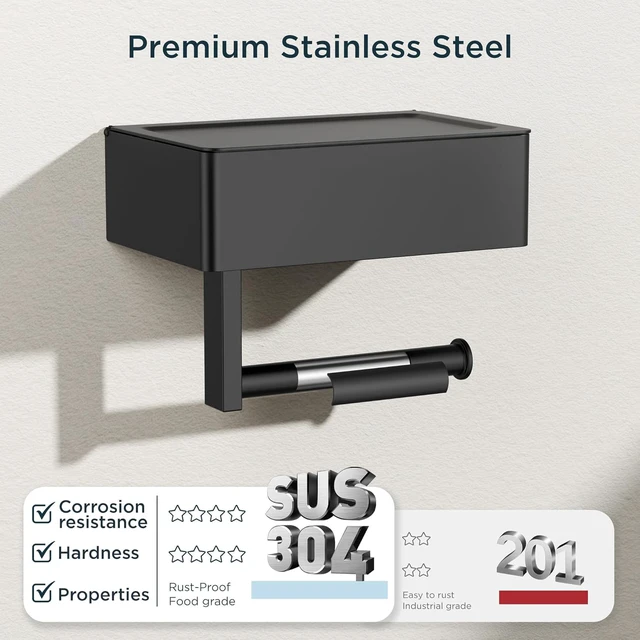 Alt view image 6 of 7 - Toilet Paper Holder with Shelf, Wall-Mounted Modern Wipes Dispenser Matte Black 2 Pack Toilet Paper Holder with Storage Fits Wipes, Sanitary Napkins, Tampons 8.0"x5.3" Large Shelf