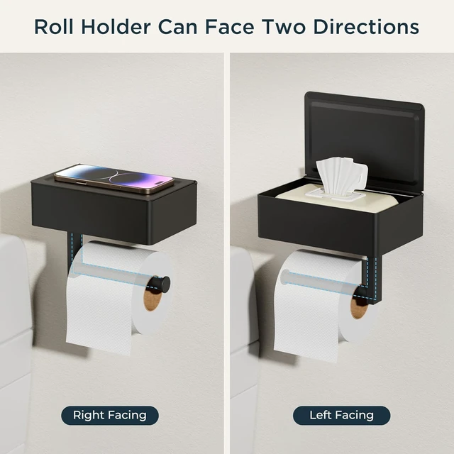 Alt view image 7 of 7 - Toilet Paper Holder with Shelf, Wall-Mounted Modern Wipes Dispenser Matte Black 2 Pack Toilet Paper Holder with Storage Fits Wipes, Sanitary Napkins, Tampons 8.0"x5.3" Large Shelf