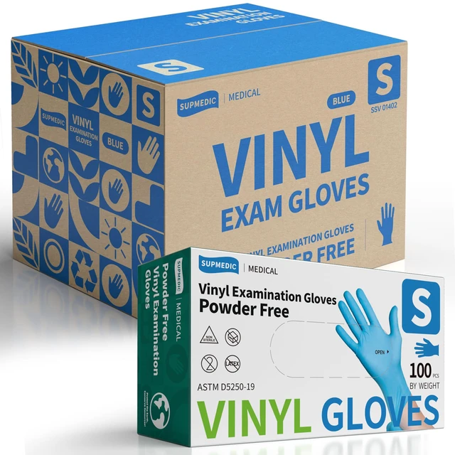 Main image of Vinyl Medical Exam Gloves, Latex & Powder-Free Disposable, Blue VINYL+ Powder-Free Latex-Free Medical Grade Cooking Cleaning Food Prep Examination Blue 100 & 1000 Ct