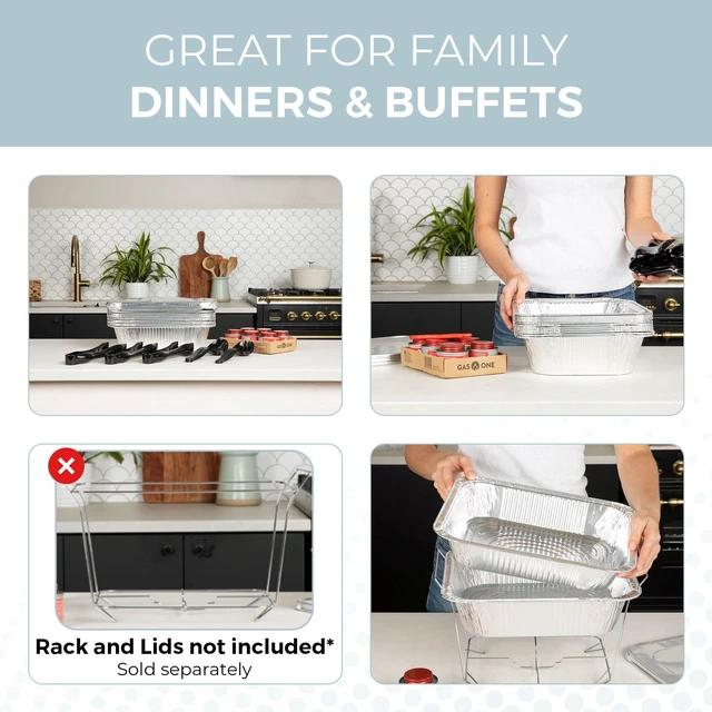 Alt view image 6 of 7 - 6 Pack Refill Kit - Disposable Chafing Dish Buffet Set, Welded Body Food Warmers for Parties, Fuel Cans, Half Size Pans, Warming Trays
