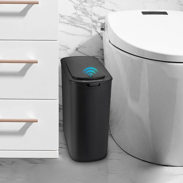 Main image of Automatic Small Bathroom Trash Can with Lid, 2.6 Gallon, Black Motion Sensor, Plastic, Touchless, Odor Control, Smart Garbage Can, Battery Operated, Manual Button, for Office/RV/Bedroom