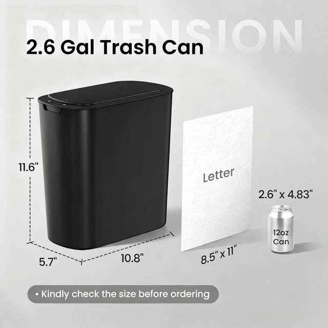 Alt view image 2 of 7 - Automatic Small Bathroom Trash Can with Lid, 2.6 Gallon, Black Motion Sensor, Plastic, Touchless, Odor Control, Smart Garbage Can, Battery Operated, Manual Button, for Office/RV/Bedroom