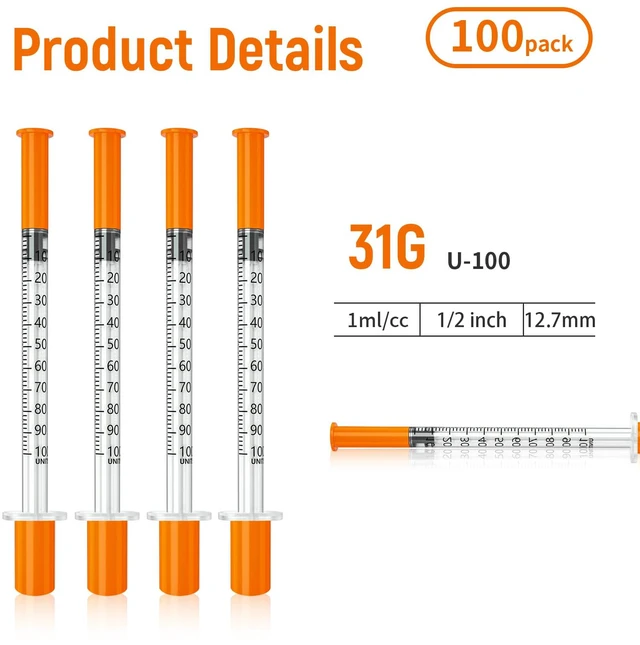 Alt view image 5 of 7 - jeringas para insulina, 31G 1ml/cc 1/2"(12.7mm) jeringas, Pack of 100