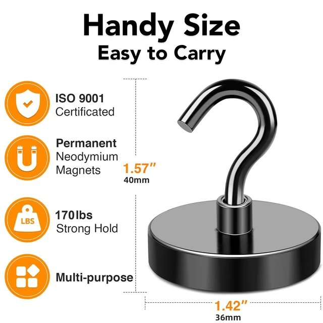 Alt view image 4 of 7 - Black Magnetic Hooks Heavy Duty 170LB+ Strong Neodymium Magnets Magnetic Hooks with Epoxy Coating for Hanging, Magnets with Hook for Cruise Home Workplace 10 Pack