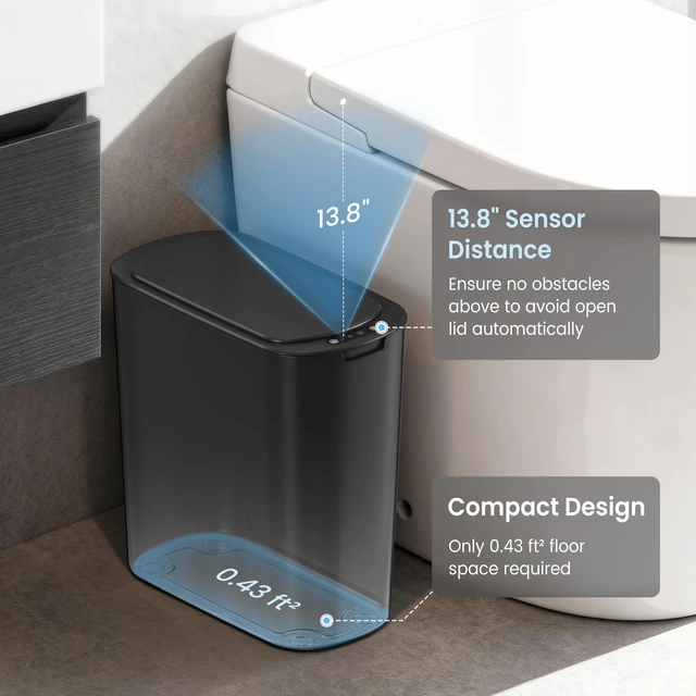 Alt view image 3 of 7 - Automatic Small Bathroom Trash Can with Lid, 2.6 Gallon, Black Motion Sensor, Plastic, Touchless, Odor Control, Smart Garbage Can, Battery Operated, Manual Button, for Office/RV/Bedroom