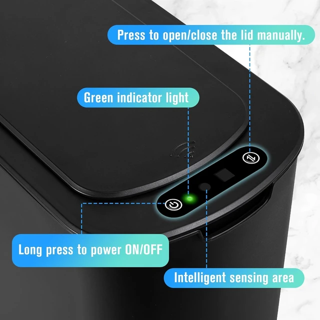 Alt view image 6 of 7 - Automatic Small Bathroom Trash Can with Lid, 2.6 Gallon, Black Motion Sensor, Plastic, Touchless, Odor Control, Smart Garbage Can, Battery Operated, Manual Button, for Office/RV/Bedroom