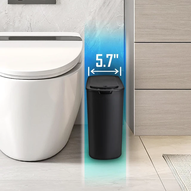 Alt view image 7 of 7 - Automatic Small Bathroom Trash Can with Lid, 2.6 Gallon, Black Motion Sensor, Plastic, Touchless, Odor Control, Smart Garbage Can, Battery Operated, Manual Button, for Office/RV/Bedroom