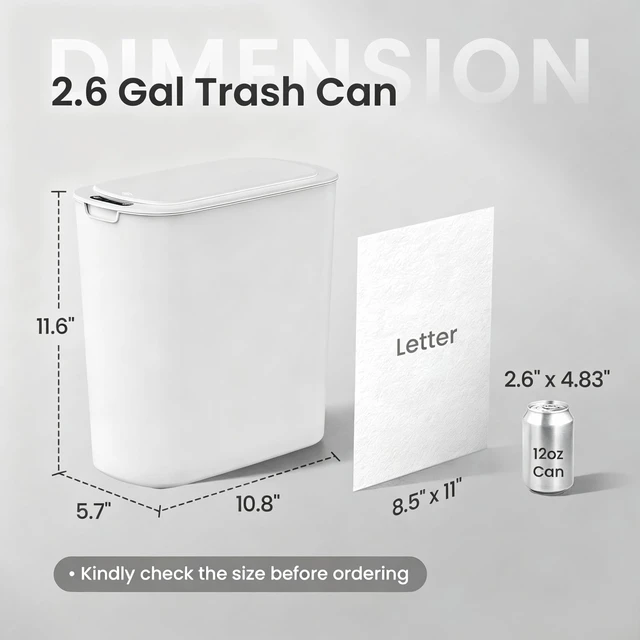 Alt view image 2 of 7 - Automatic Small Bathroom Trash Can with Lid, 2.6 Gallon, White Motion Sensor, Plastic, Touchless, Odor Control, Smart Garbage Can, Battery Operated, Manual Button, for Office/RV/Bedroom