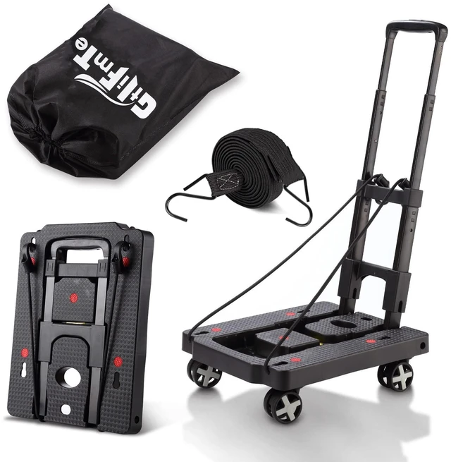 Main image of Foldable Hand Truck, Lightweight Luggage Cart for Airport Car Seat Compact Folding dolly with Rotating swivel wheel,storage size12×15.7×4.1",110lbs Load,Upright Lock Handle with 3bungee cords