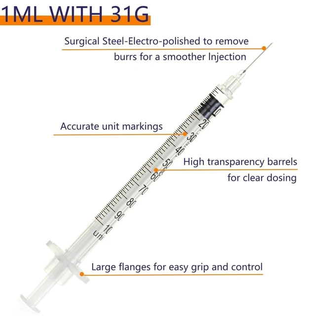 Alt view image 2 of 5 - 100 Pack 1ml/cc 31Ga Lab Supplies, Individually Package