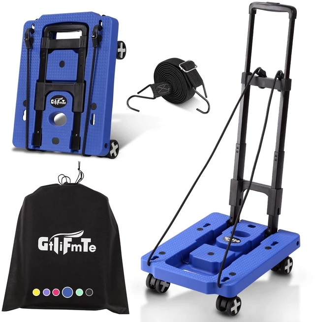 Main image of Foldable Hand Truck, Lightweight Luggage Cart for Airport Car Seat Compact Folding dolly with Rotating swivel wheel,storage size12×15.7×4.1",300lbs Load,Upright Lock Handle with 3bungee cords