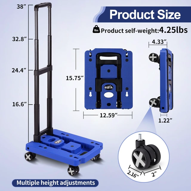 Alt view image 2 of 5 - Foldable Hand Truck, Lightweight Luggage Cart for Airport Car Seat Compact Folding dolly with Rotating swivel wheel,storage size12×15.7×4.1",300lbs Load,Upright Lock Handle with 3bungee cords