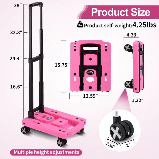 Alt view image 3 of 7 - Foldable Hand Truck, Lightweight Luggage Cart for Airport Car Seat Compact Folding dolly with Rotating swivel wheel,storage size12×15.7×4.1",300lbs Load,Upright Lock Handle with 3bungee cords