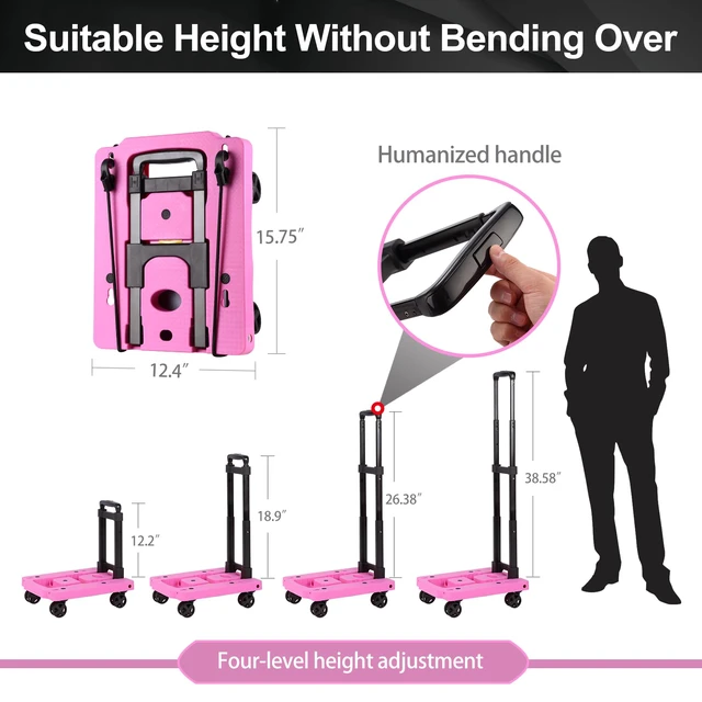 Alt view image 5 of 7 - Foldable Hand Truck, Lightweight Luggage Cart for Airport Car Seat Compact Folding dolly with Rotating swivel wheel,storage size12×15.7×4.1",300lbs Load,Upright Lock Handle with 3bungee cords