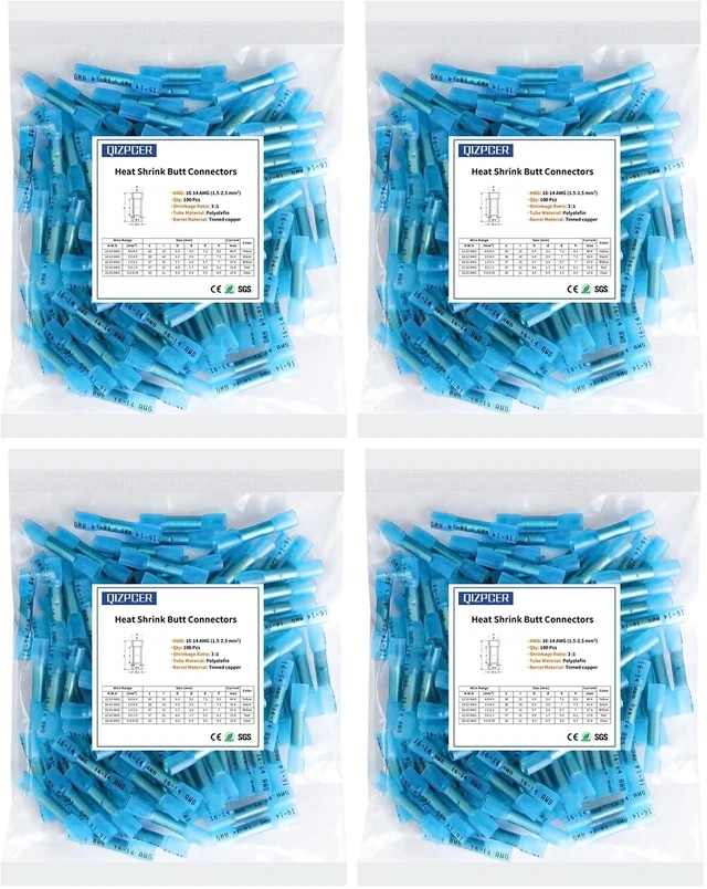 Main image of Heat Shrink Butt Connectors, 16-14 AWG 100Pcs Blue Waterproof Electrical Crimp Wire Splice for Marine, Cable, Wiring (Pack of 4)