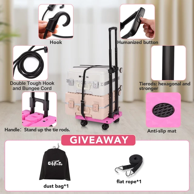 Alt view image 6 of 7 - Foldable Hand Truck, Lightweight Luggage Cart for Airport Car Seat Compact Folding dolly with Rotating swivel wheel,storage size12×15.7×4.1",300lbs Load,Upright Lock Handle with 3bungee cords