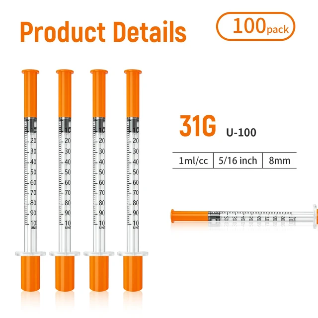 Alt view image 5 of 7 - U-100 Syringes, 1ml syringe, 31g 5/16 1cc syringe with needle, lab syringes, Pack of 100