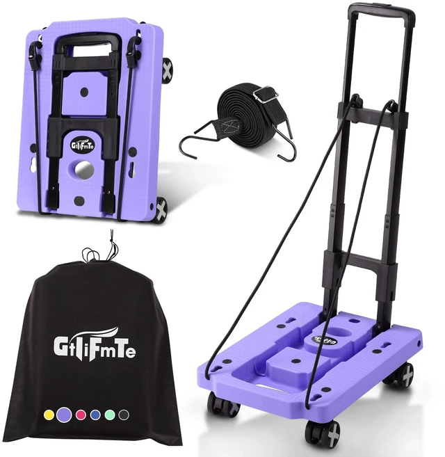 Main image of Foldable Hand Truck, Lightweight Luggage Cart for Airport Car Seat Compact Folding dolly with Rotating swivel wheel,storage size12×15.7×4.1",300lbs Load,Upright Lock Handle with 3bungee cords