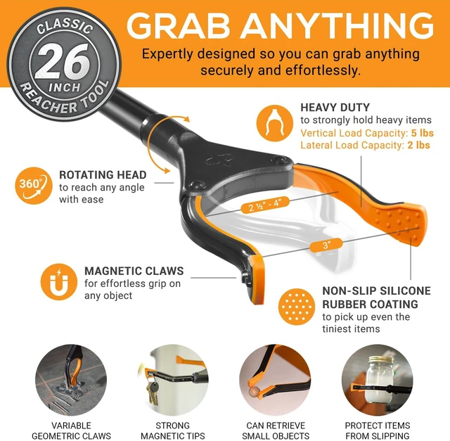 Alt view image 4 of 7 - Classic 26 Folding Grabber Reacher Tool with Dual Magnets, Heavy Duty Trash Picker Upper Grabber for Seniors & Disabled Users, Aluminum Pickup Tool for Everyday Reaching Aids (Black)