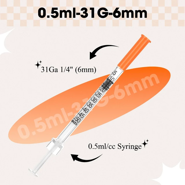 Alt view image 2 of 7 - 0.5ml Syringe with Cap, 31G 1/4" 6mm 1/2cc Syringes, Pack of 100 Disposable Individual Package
