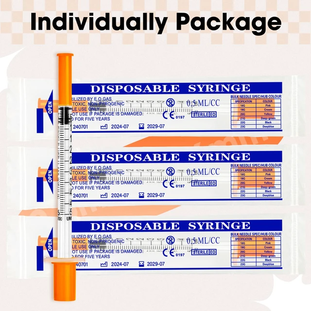 Alt view image 6 of 7 - 0.5ml Syringe with Cap, 31G 1/4" 6mm 1/2cc Syringes, Pack of 100 Disposable Individual Package