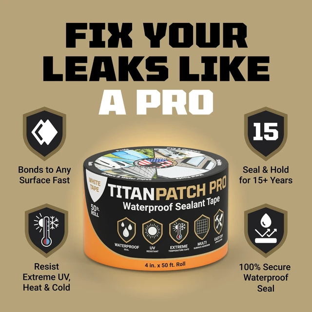Alt view image 2 of 7 - TITANPATCH PRO Waterproof Sealant Tape White 4" x50' Stops Leaks Fast & Stays Sealed for 15+ Years Sticks to RVs, Roofs, Pools, Boats, Gutters Built for Harsh Weather (-40°F to 190°F)