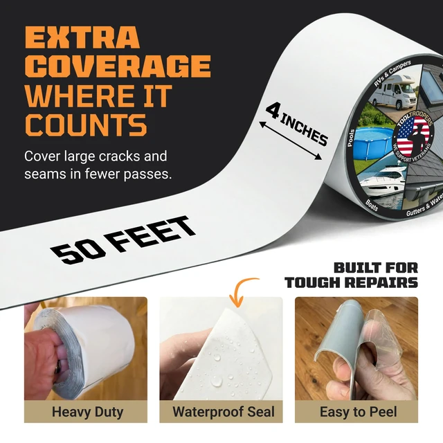 Alt view image 3 of 7 - TITANPATCH PRO Waterproof Sealant Tape White 4" x50' Stops Leaks Fast & Stays Sealed for 15+ Years Sticks to RVs, Roofs, Pools, Boats, Gutters Built for Harsh Weather (-40°F to 190°F)