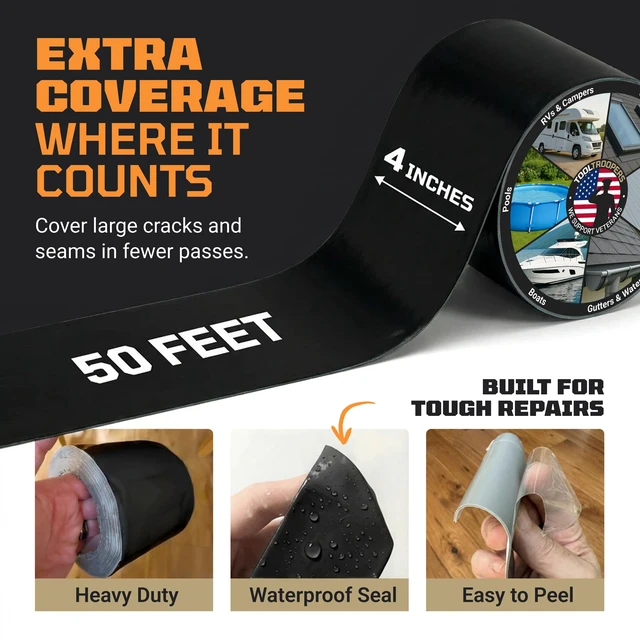 Alt view image 3 of 7 - TITANPATCH PRO Waterproof Sealant Tape Black 4" x50' Stops Leaks Fast & Stays Sealed for 15+ Years Sticks to RVs, Roofs, Pools, Boats, Gutters Built for Harsh Weather (-40°F to 190°F)