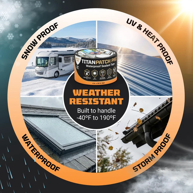 Alt view image 5 of 7 - TITANPATCH PRO Waterproof Sealant Tape Black 4" x50' Stops Leaks Fast & Stays Sealed for 15+ Years Sticks to RVs, Roofs, Pools, Boats, Gutters Built for Harsh Weather (-40°F to 190°F)
