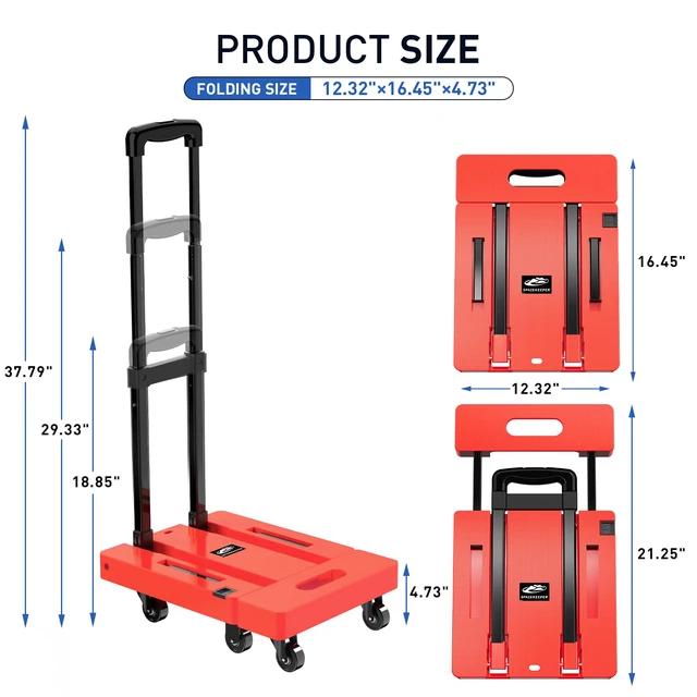 Alt view image 2 of 7 - Folding Hand Truck, 500 LB Heavy Duty Luggage Cart, Orange Utility Dolly Platform Cart with 6 Wheels & 2 Elastic Ropes for Luggage, Travel, Moving, Shopping, Office Use