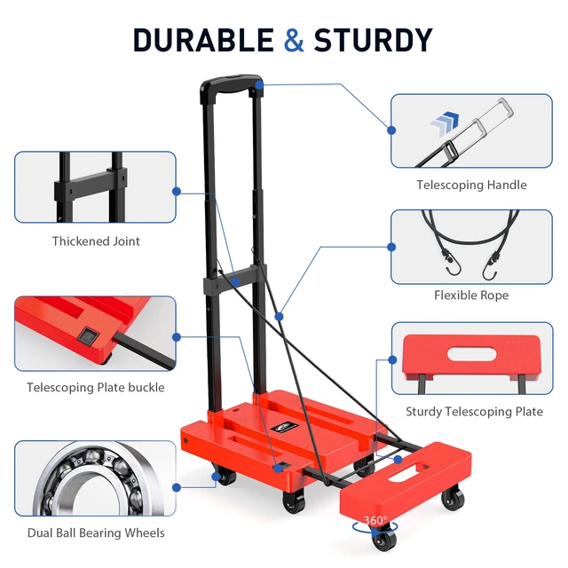 Alt view image 3 of 7 - Folding Hand Truck, 500 LB Heavy Duty Luggage Cart, Orange Utility Dolly Platform Cart with 6 Wheels & 2 Elastic Ropes for Luggage, Travel, Moving, Shopping, Office Use